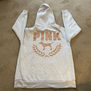 VICTORIA'S SECRET PINK EVERYDAY CAMPUS PULLOVER HOODIE GREY ROSE GOLD GLITTER XS